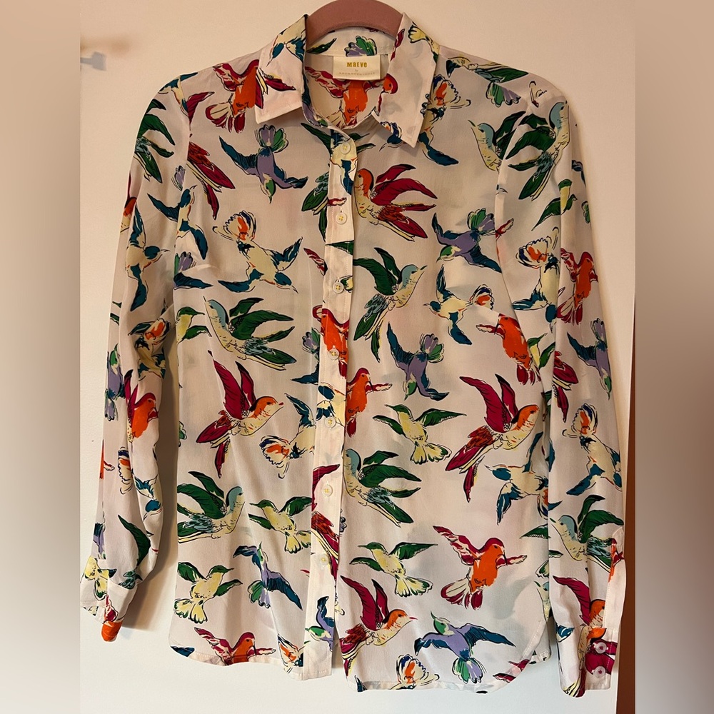 100% silk colorful Anthropologie Maeve bird print shirt